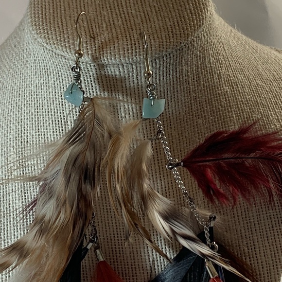 Bohemian feather pierced dangle earrings - Picture 3 of 3